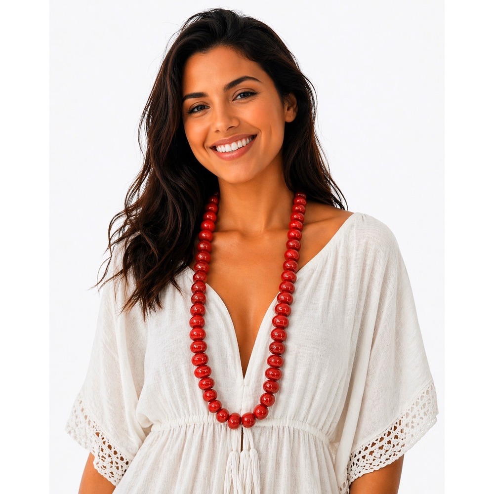 Vibrant Coral Chunky Bead Statement Necklace Glossy Oversized Oval Beads 103-135